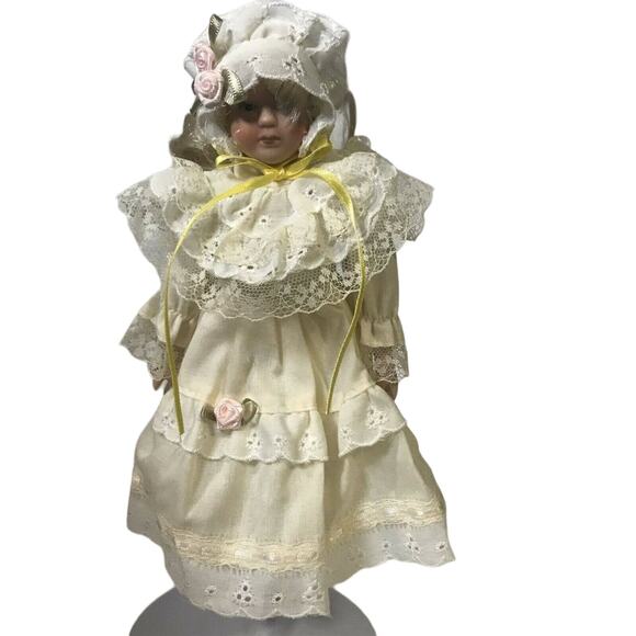 9" Porcelain Doll in yellow long  long dress bonnet shoes legs wrapped - Picture 1 of 5